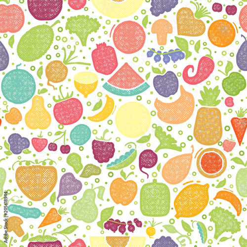 Fototapeta Naklejka Na Ścianę i Meble -  Fruits and vegetables seamless pattern, vegetarian set, summer isolated color vector icons.