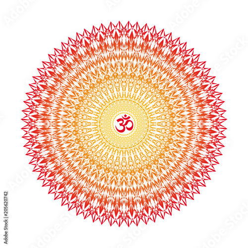 Mandala with a sign of Aum  Om  Ohm  in yellow-orange red and purple colors. Artistic ornament  spiritual symbol. Vector graphics.