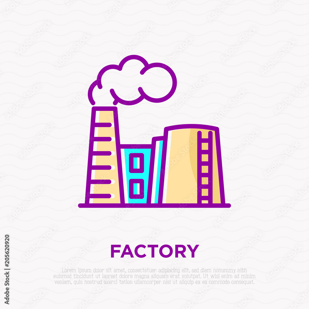 Factory with smoke from chimney thin line icon. Modern vector illustration. Factory with smoke from chimney thin line icon. Modern vector illustration.