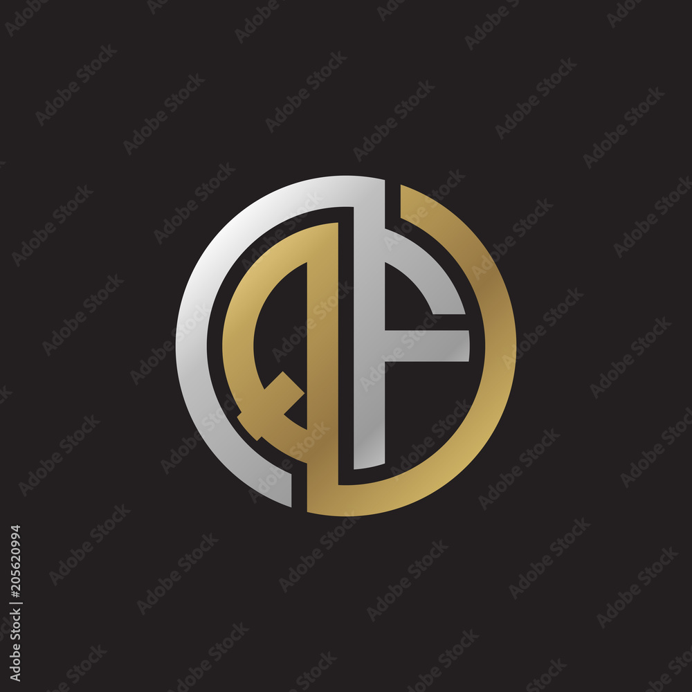 Initial letter QF, looping line, circle shape logo, silver gold color on black background Initial letter QF, looping line, circle shape logo, silver gold color on black background