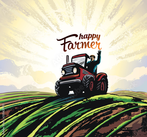 Farmer on the tractor, waving his hands, to the top of the hill against the backdoor of the sunrise, vector illustration in retro style.