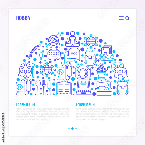 Hobby concept in hlaf circle with thin line icons: reading, gaming, gardening, photography, cooking, sewing, fishing, hiking, yoga, music, travelling, blogging. Vector illustration, web page template. photo