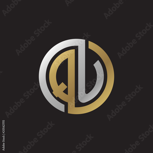 Initial letter QU, looping line, circle shape logo, silver gold color on black background