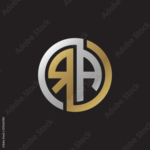 Initial letter RA, looping line, circle shape logo, silver gold color on black background