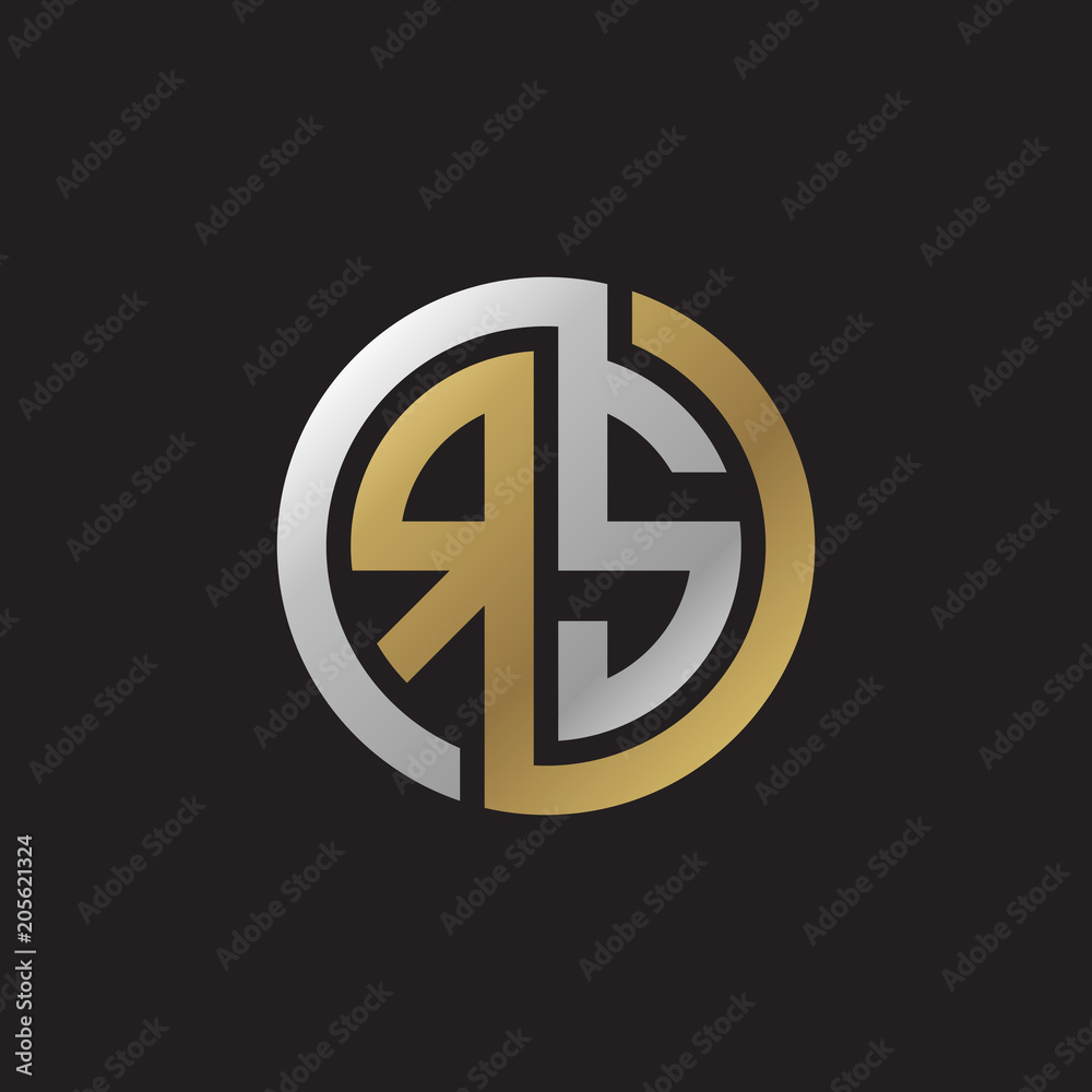 Initial letter RS, looping line, circle shape logo, silver gold color on black background Initial letter RS, looping line, circle shape logo, silver gold color on black background