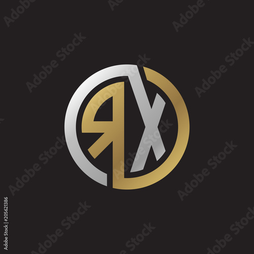 Initial letter RX, looping line, circle shape logo, silver gold color on black background