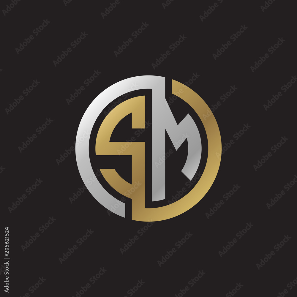 Initial letter SM, looping line, circle shape logo, silver gold color on black background Initial letter SM, looping line, circle shape logo, silver gold color on black background
