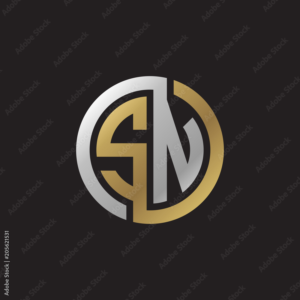 Initial letter SN, looping line, circle shape logo, silver gold color on black background Initial letter SN, looping line, circle shape logo, silver gold color on black background