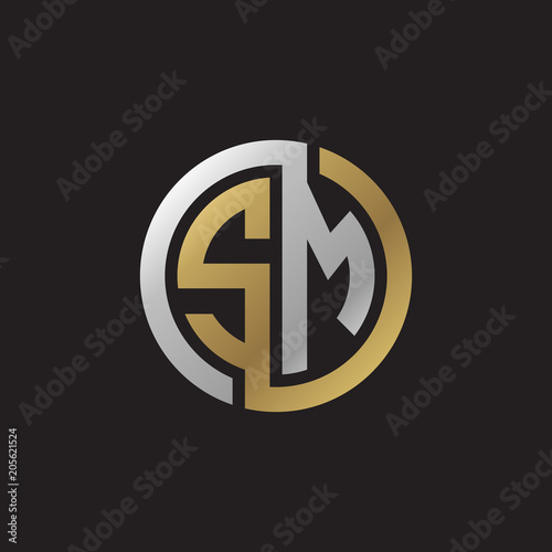 Initial letter SM, looping line, circle shape logo, silver gold color on black background