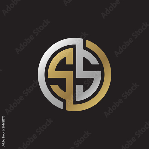 Initial letter SS, looping line, circle shape logo, silver gold color on black background photo