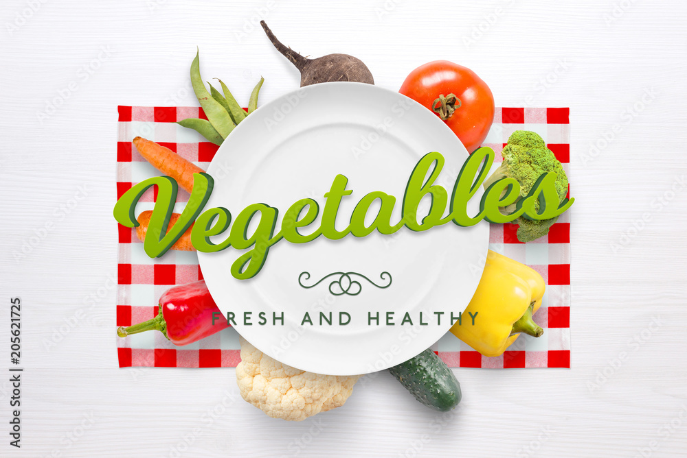 Plakat Vegetables fresh and healthy text. Plate and vegetables in background. Vegetarian cuisine concept.