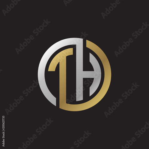 Initial letter TH, looping line, circle shape logo, silver gold color on black background photo