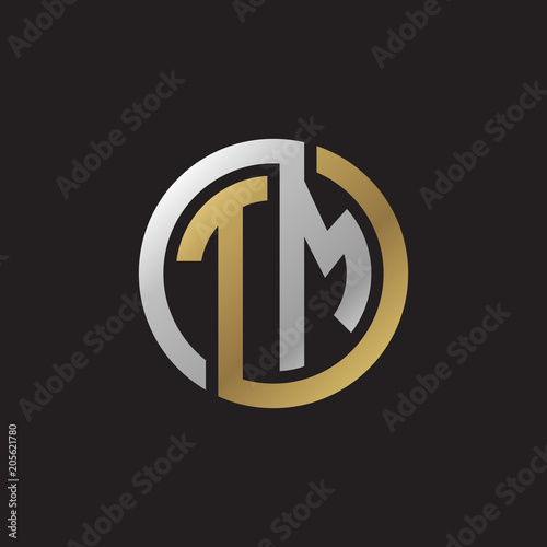Initial letter TM, looping line, circle shape logo, silver gold color on black background