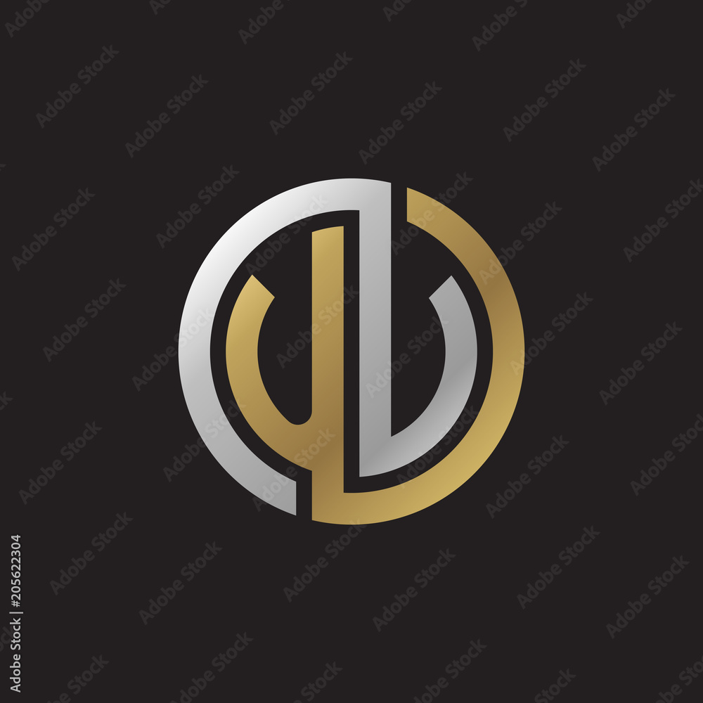 Initial letter UV, looping line, circle shape logo, silver gold color on black background Initial letter UV, looping line, circle shape logo, silver gold color on black background