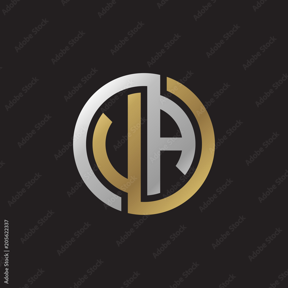 Initial letter VA, UA, looping line, circle shape logo, silver gold color on black background Initial letter VA, UA, looping line, circle shape logo, silver gold color on black background