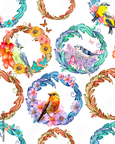 antique seamless texture with floral vignettes and lovely birds. watercolor painting