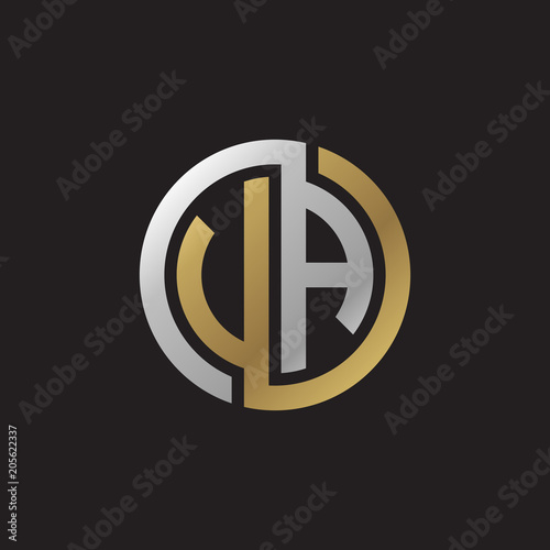 Initial letter VA, UA, looping line, circle shape logo, silver gold color on black background