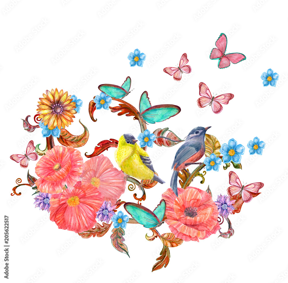 Obraz Karta zaproszenie z abstrakcyjnymi bukiety kwiatowe z motyle, ptaki. Malarstwo akwarelowe.