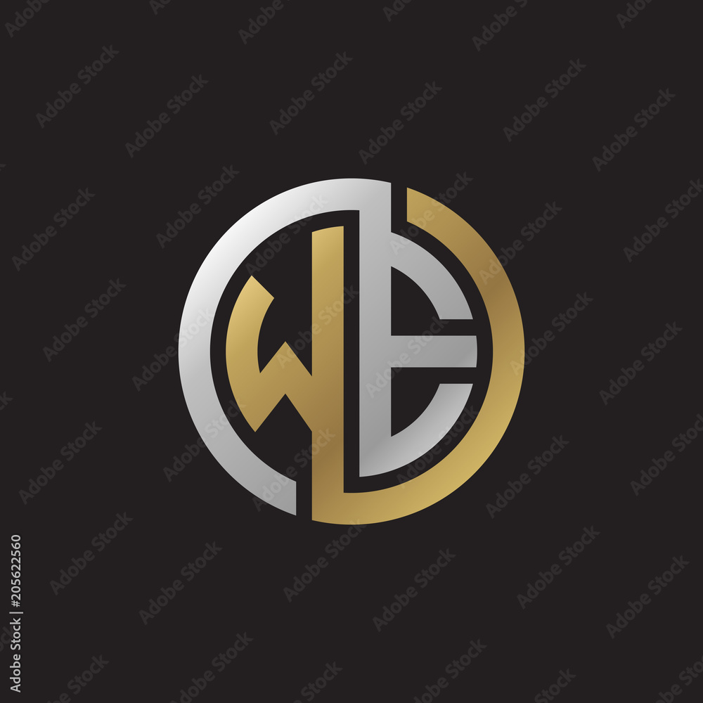 Initial letter WE, looping line, circle shape logo, silver gold color on black background Initial letter WE, looping line, circle shape logo, silver gold color on black background