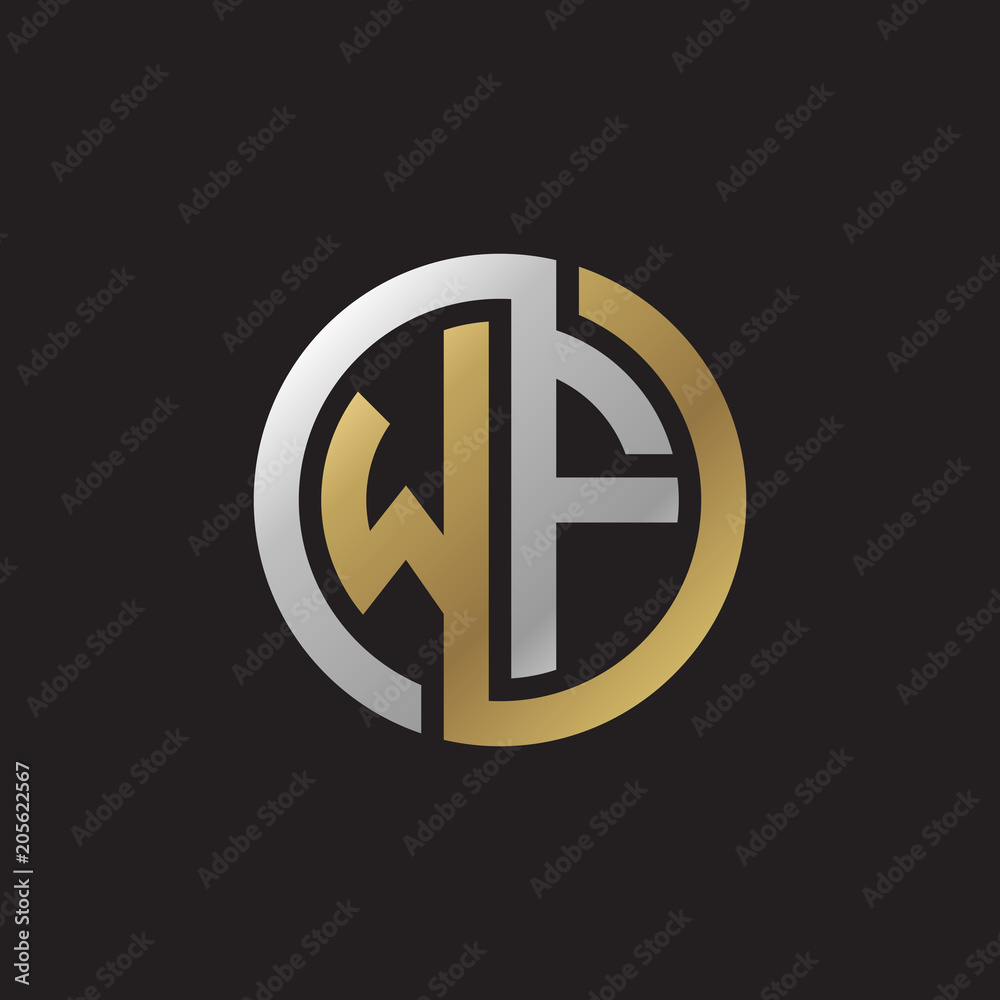 Initial letter WF, looping line, circle shape logo, silver gold color on black background Initial letter WF, looping line, circle shape logo, silver gold color on black background