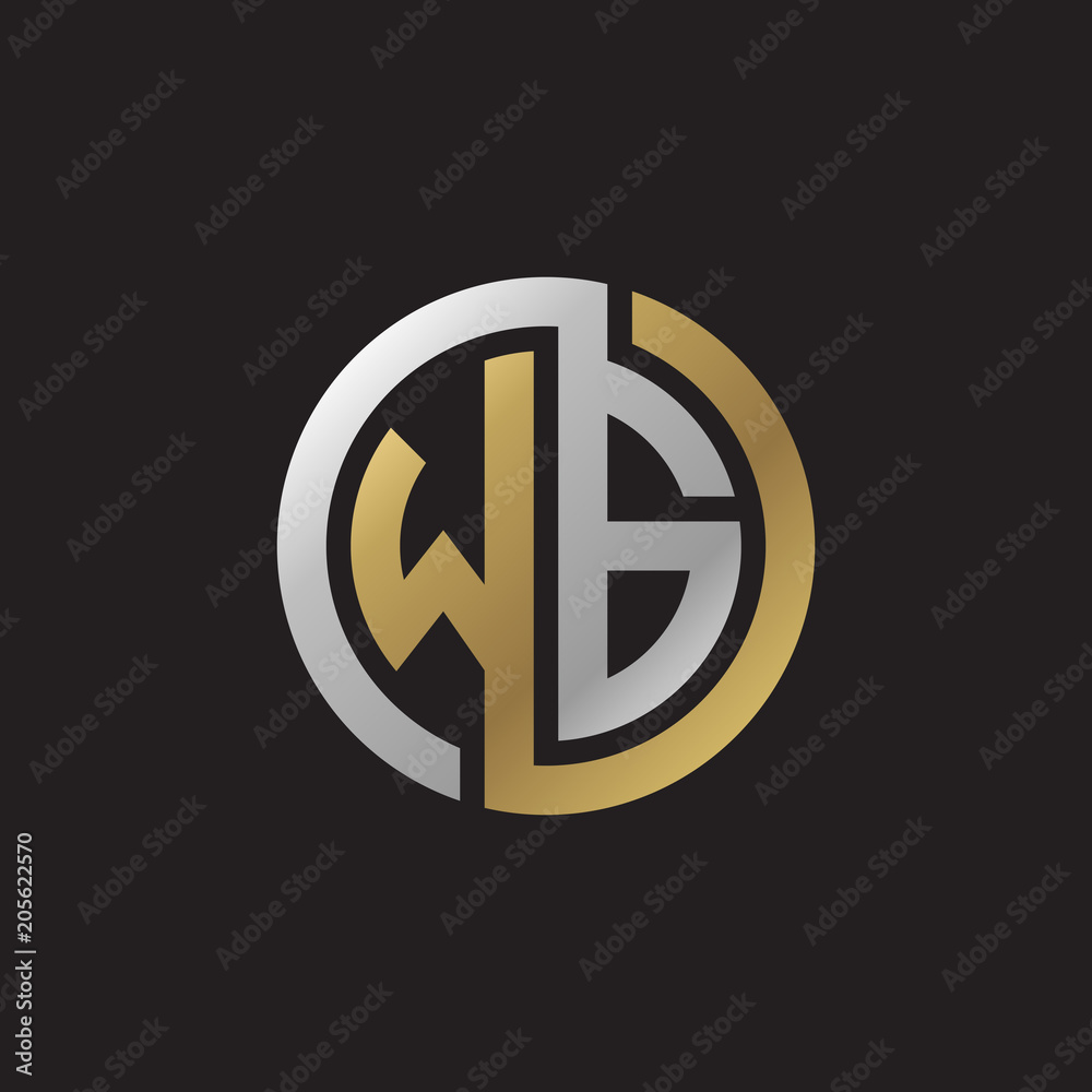 Initial letter WG, looping line, circle shape logo, silver gold color on black background Initial letter WG, looping line, circle shape logo, silver gold color on black background