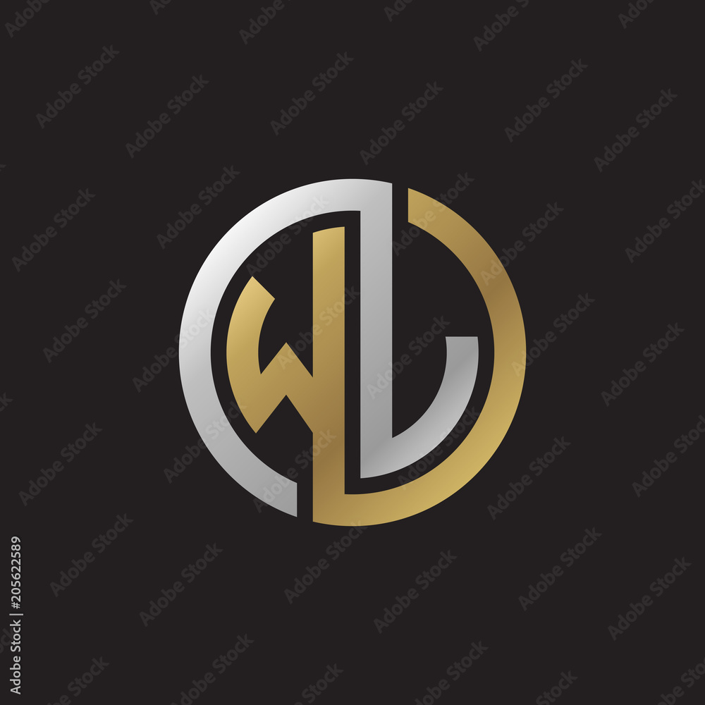 Initial letter WJ, WL, looping line, circle shape logo, silver gold color on black background Initial letter WJ, WL, looping line, circle shape logo, silver gold color on black background
