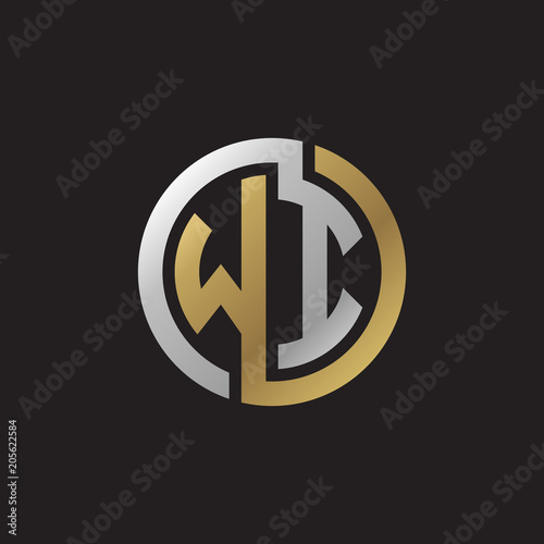 Initial letter WI, looping line, circle shape logo, silver gold color on black background