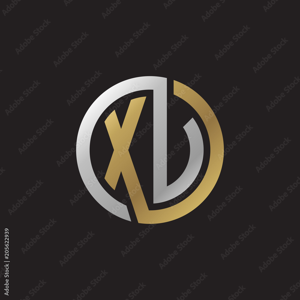 Initial letter XV, XU, looping line, circle shape logo, silver gold color on black background Initial letter XV, XU, looping line, circle shape logo, silver gold color on black background