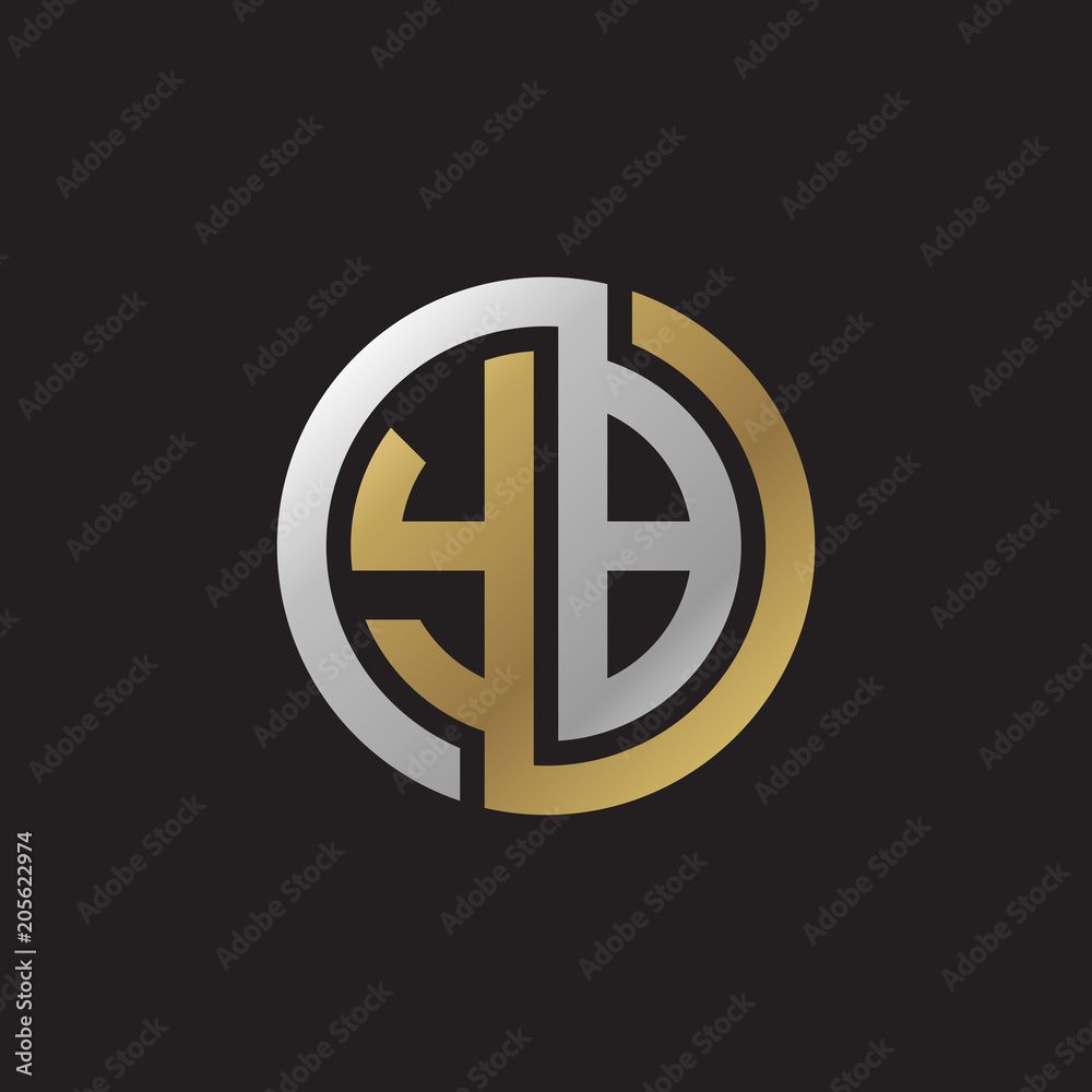 Initial letter YB, looping line, circle shape logo, silver gold color on black background Initial letter YB, looping line, circle shape logo, silver gold color on black background
