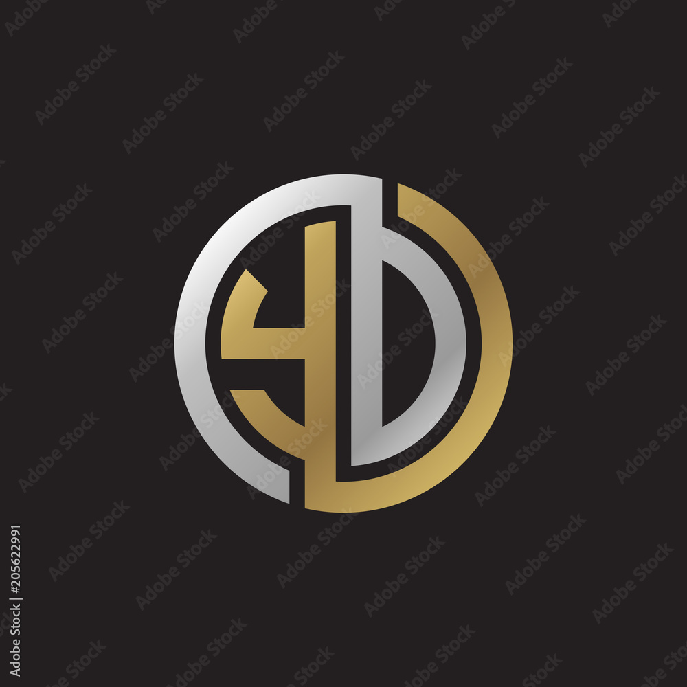 Initial letter YD, YO, looping line, circle shape logo, silver gold color on black background Initial letter YD, YO, looping line, circle shape logo, silver gold color on black background