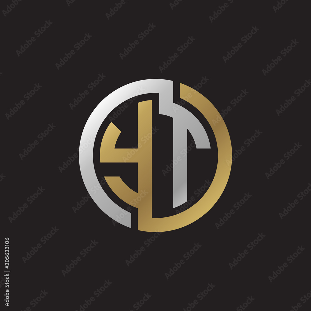 Initial letter YT, looping line, circle shape logo, silver gold color on black background Initial letter YT, looping line, circle shape logo, silver gold color on black background