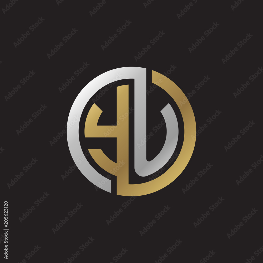 Initial letter YU, looping line, circle shape logo, silver gold color on black background
