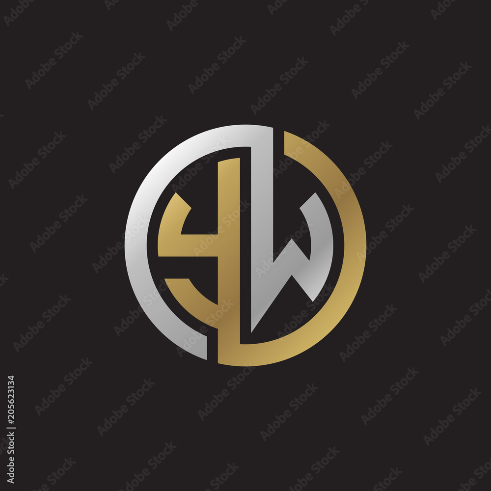 Initial letter YW, looping line, circle shape logo, silver gold color on black background Initial letter YW, looping line, circle shape logo, silver gold color on black background