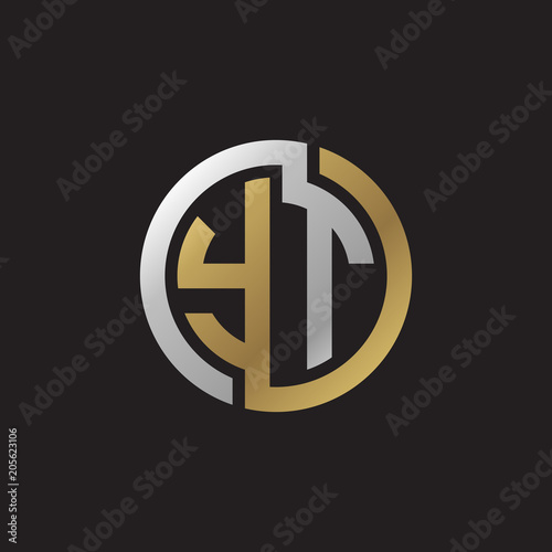 Initial letter YT, looping line, circle shape logo, silver gold color on black background