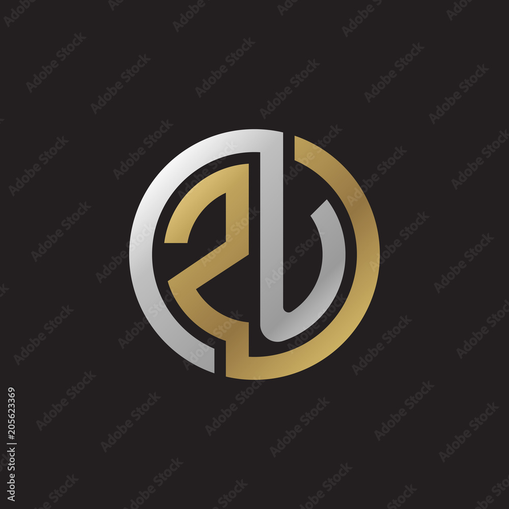 Initial letter ZU, looping line, circle shape logo, silver gold color on black background Initial letter ZU, looping line, circle shape logo, silver gold color on black background