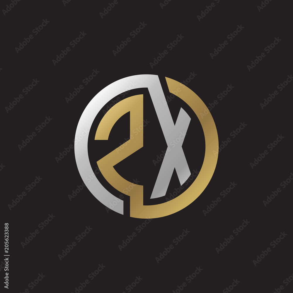 Initial letter ZX, looping line, circle shape logo, silver gold color on black background Initial letter ZX, looping line, circle shape logo, silver gold color on black background