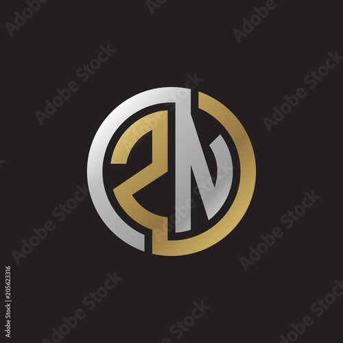 Initial letter ZN, looping line, circle shape logo, silver gold color on black background
