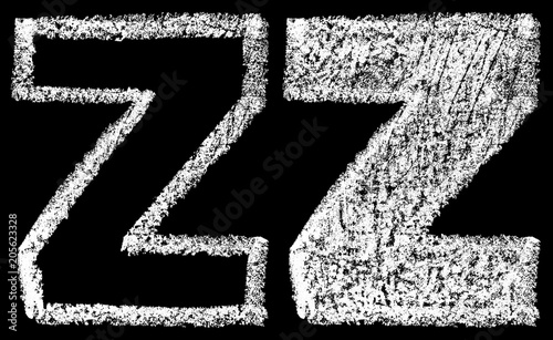 handwritten white chalk english letters Z isolated on black background, hand-drawn chalk lettering, stock illustration