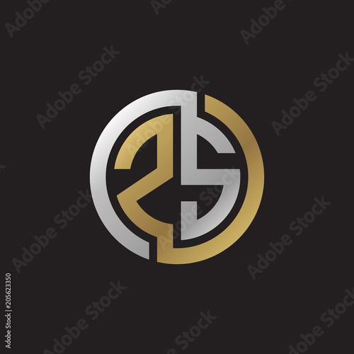 Initial letter ZS  looping line  circle shape logo  silver gold color on black background