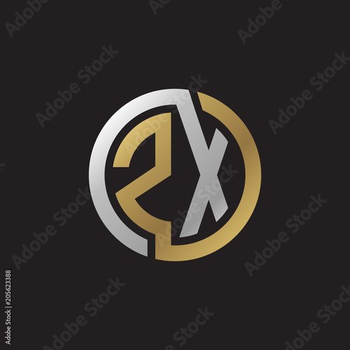 Initial letter ZX, looping line, circle shape logo, silver gold color on black background