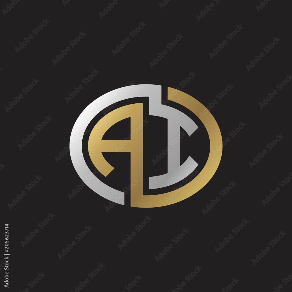 Initial letter AI, looping line, ellipse shape logo, silver gold color on black background Initial letter AI, looping line, ellipse shape logo, silver gold color on black background