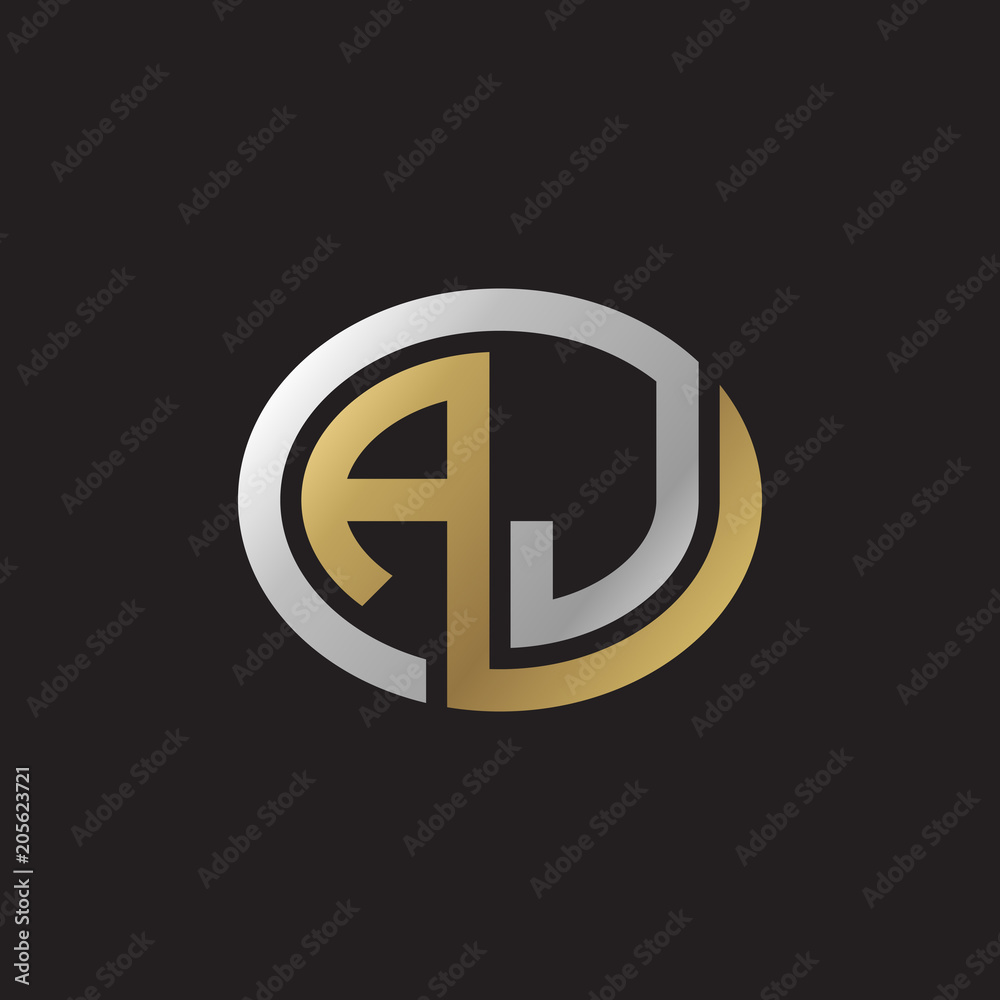 Initial letter AJ, looping line, ellipse shape logo, silver gold color on black background Initial letter AJ, looping line, ellipse shape logo, silver gold color on black background