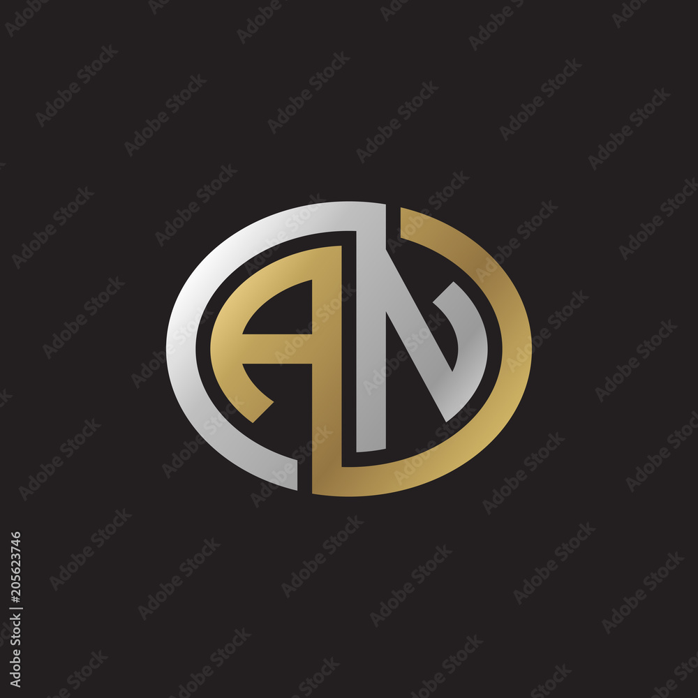 Initial letter AN, looping line, ellipse shape logo, silver gold color on black background Initial letter AN, looping line, ellipse shape logo, silver gold color on black background