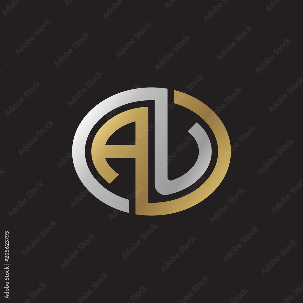 Initial letter AU, looping line, ellipse shape logo, silver gold color on black background Initial letter AU, looping line, ellipse shape logo, silver gold color on black background