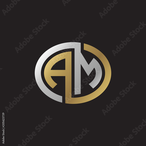 Initial letter AM, looping line, ellipse shape logo, silver gold color on black background