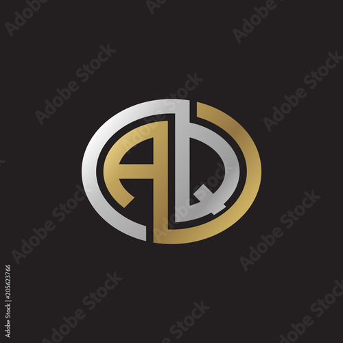 Initial letter AQ, looping line, ellipse shape logo, silver gold color on black background