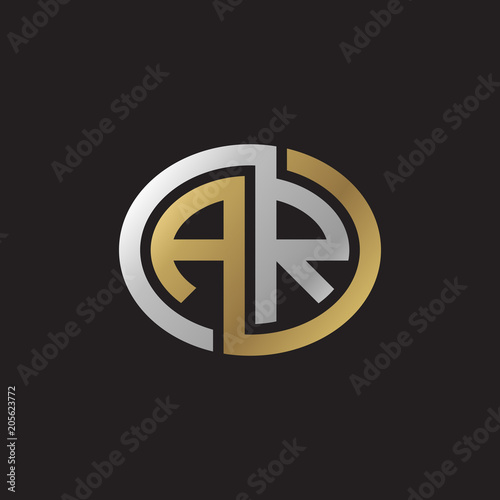 Initial letter AR, looping line, ellipse shape logo, silver gold color on black background