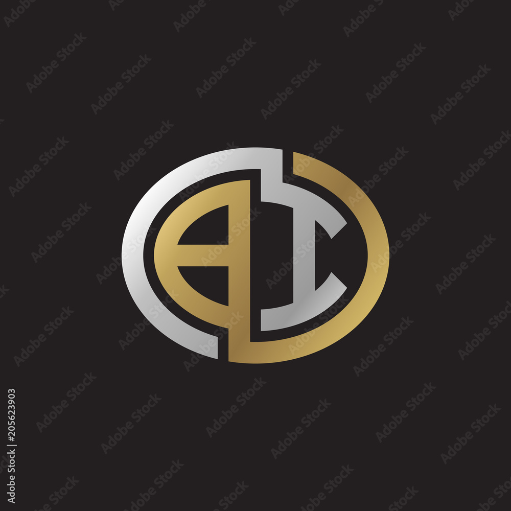 Initial letter BI, looping line, ellipse shape logo, silver gold color on black background Initial letter BI, looping line, ellipse shape logo, silver gold color on black background