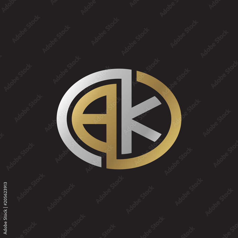 Initial letter BK, looping line, ellipse shape logo, silver gold color on black background Initial letter BK, looping line, ellipse shape logo, silver gold color on black background