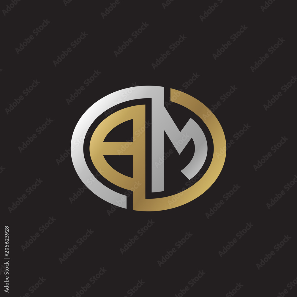 Initial letter BM, looping line, ellipse shape logo, silver gold color on black background Initial letter BM, looping line, ellipse shape logo, silver gold color on black background